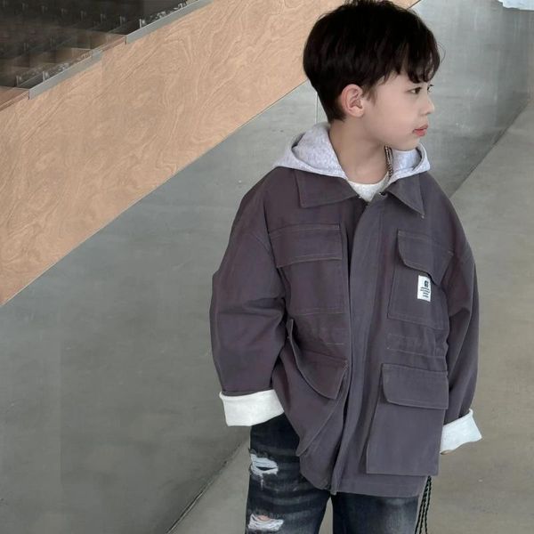 Jaquetas crianças roupas crianças casacos 2024 primavera menino coreano retro cinza carga com capuz moda casual todo o casaco