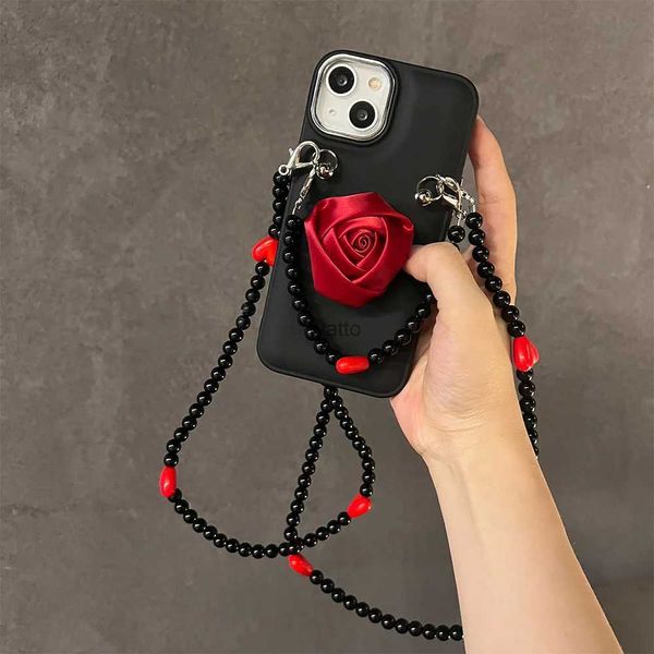 Casos de telefone celular Luxo Crossbody Colar Lanyard Rose Bracket + Love Heart Chain Soft Case para iPhone 13 Pro Max 14 12 11 Capa macia à prova de choque H240326