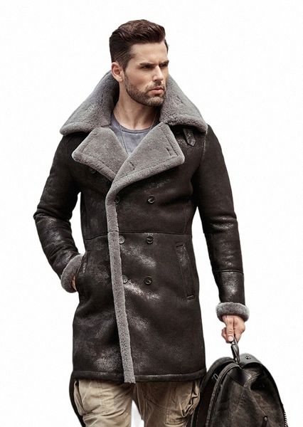 Pele masculina Shearling pele de carneiro Couro Genuíno Lg Casaco Jaqueta Mans B3 Bomber Casaco Aviador Casaco Outerwear Trench Flight Jacket K4Br #