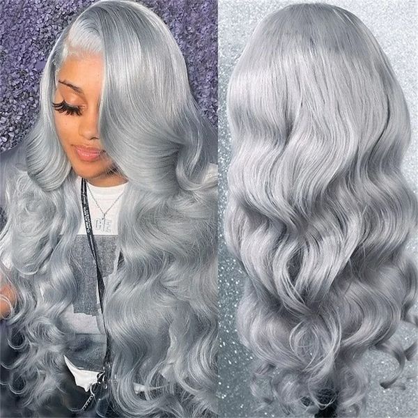 PRATA CRINHO CRINHO CRINHO CORPO LACE LACE FRONTE HUMENTE WIGS PARA MULHERES 28 30 polegadas Remy Brasy Hair de cor 13x6 13x4 Peruca frontal de renda