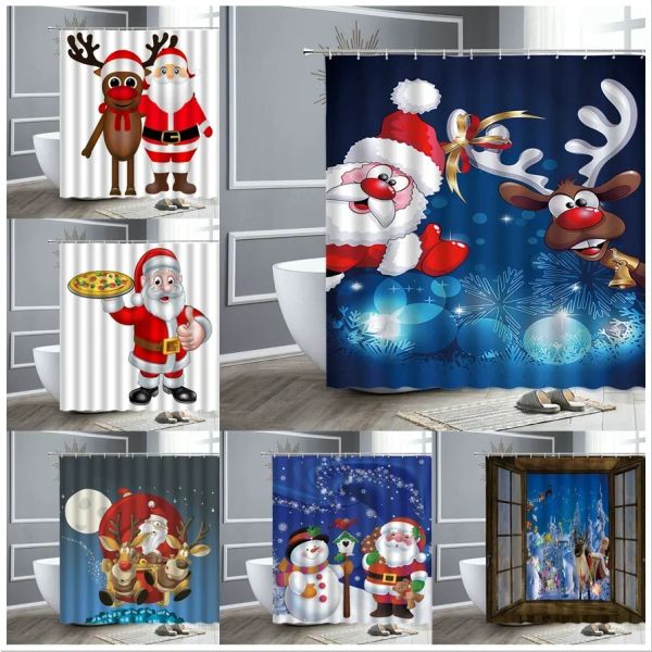 Tende Buon albero di Natale Pupazzo di neve Babbo Natale Fiocco di neve Tende da doccia Tenda da bagno Tessuto in poliestere Decorazione vasca da bagno Schermo da bagno