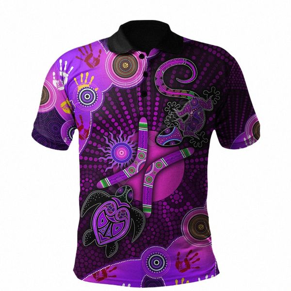 Aborígine Naidoc Week 2021 Roxo Turtle Lizard Sun Polo 3D Impresso Camisa Polo Homens Mulheres Manga Curta Camiseta de Verão n59K #