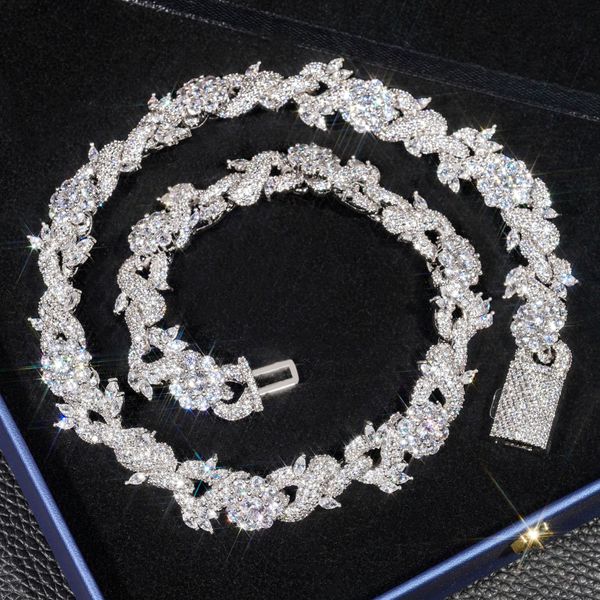 Bestehen Sie den Test 15 mm 18-24 Zoll vergoldetes S925 Sterling Silber Moissanit Blume kubanische Kette Halskette Armband Links Schmuck für Männer Frauen Schönes Geschenk