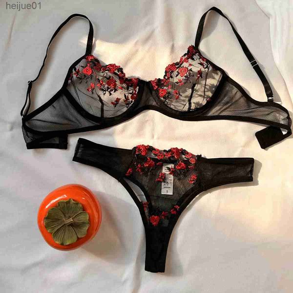 Sexy Set, sexy Dessous, Blumenspitze, erotisches XY-Set für Damen, 2-teiliges transparentes Dessous, Stickerei, erotisches schönes BH- und Unterwäsche-Set C24325