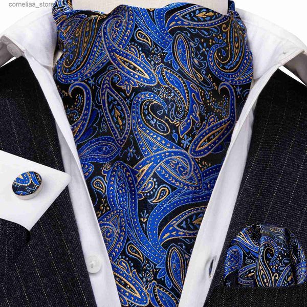 Cravatte Cravatte Novità Cravatta blu navy Set da uomo Nuovo Ascoat-Cravatta in seta Fazzoletto jacquard Gemelli Set Regali di nozze Affari Barry.Wang AA-04 Y240325