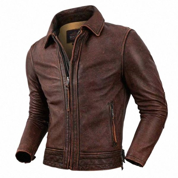 nuovo bomber giacca 100% strato superiore pelle bovina di alta qualità retrò rosso marrone risvolto moto smoking giacca da uomo I95z #