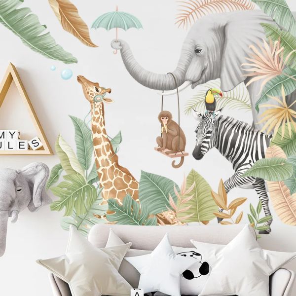 Adesivos grandes nórdicos da selva, animais da selva, adesivos de parede para quartos infantis, meninos, decoração de quarto, elefante, girafa, plantas, pôsteres de papel de parede