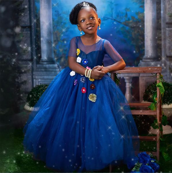2024 Africano Azul Flor Menina Vestidos Primeira Comunhão Vestido Illusion Jewel Feito à Mão Flores Tiered Tulle Vestidos de Festa de Aniversário para Ocasiões Especiais