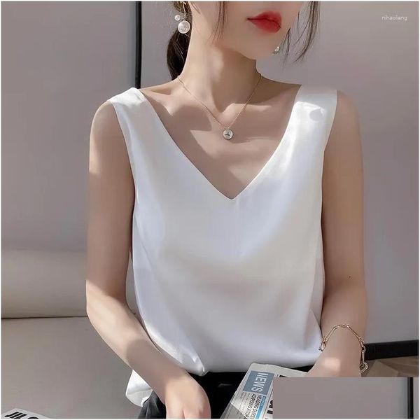 Mulheres Tanques Camis Senhoras V-Neck Silk Cetim Inner Wear Colete Verão 2024 Sem Mangas Sólidas Top Y Fino Mberry Suspender Drop Delivery App Ot2NC