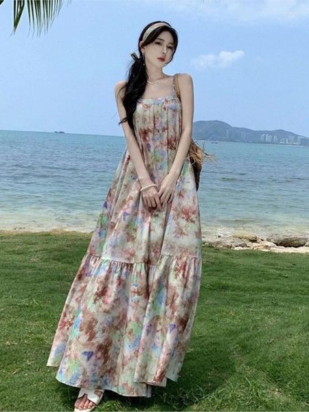 Casual Kleider Tie Dye 2024 Backless Strand Damen Vintage Strappy Lange Urlaub Vestidos Sommer Lose Maxi Frauen Elagant Party kleid