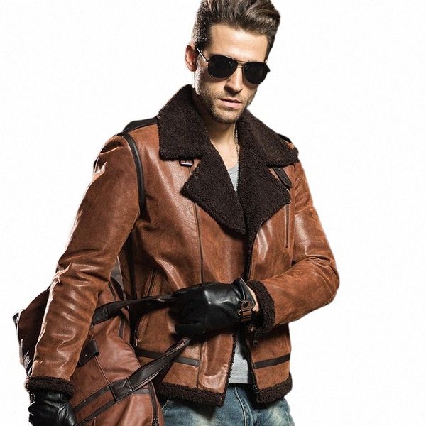 Couro genuíno dos homens pele de porco motocicleta jaquetas de couro real com pele sintética shearling aviador bombardeiro jaqueta casaco de inverno masculino y6SD #