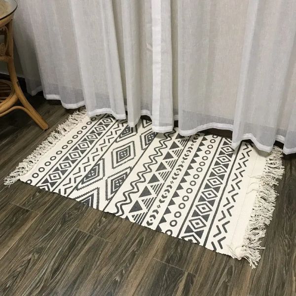 Tapetes nórdico retro tema algodão linho tapete quarto decoração de casa tapete cabeceira com borlas lavável tatami tapetes cozinha