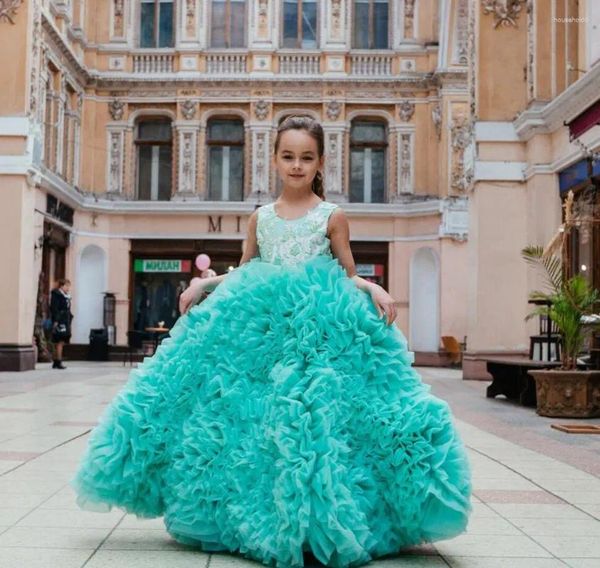 Mädchenkleider Wunderschönes Mint-Blumenkleid O-Ausschnitt Festzug-Abschlussball-Ballkleid Prinzessin Erstkommunion Kind Größe 1-14T