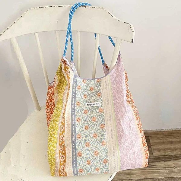 Totes verão vintage floral bolsa de ombro portátil casual tote senhora durável bolsa literária reutilizável sacos de pano de compras