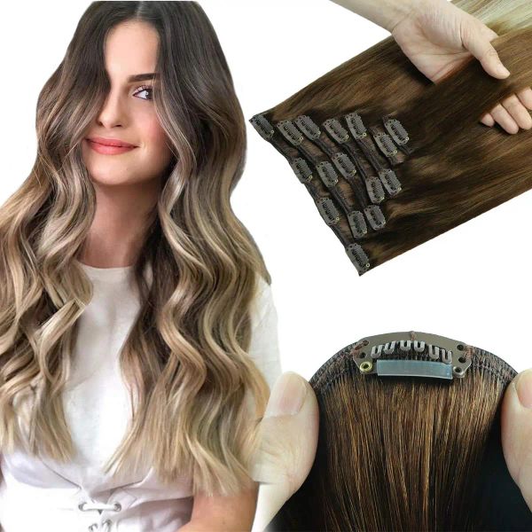 Extensions Gerade Clip-In-Echthaarverlängerungen Schwarz Hellbraun Honig Ombre Balayage Natürliche Haarteile Für Frauen Mit Clips 120g