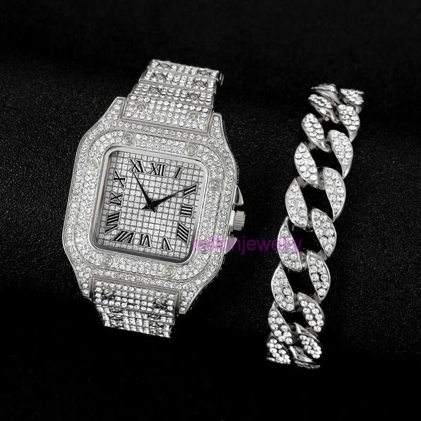 Orologio da uomo di lusso da uomo da uomo Fashion Hip-hop Square Diamond Roman Diamond Steel Band Watch+Bracciale ovale