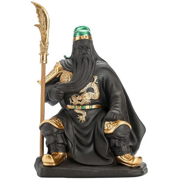 Sculture Sabbia viola Guan Gong God of War Ceramica dipinta Guan Yu scultura d'arte moderna Decorazione della casa Decorazione del set da tè Artigianato