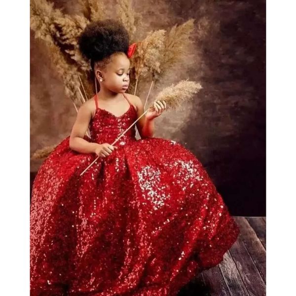 Sexy adorabili paillettes rosse di natale abiti da fiori abiti da pala paca pavimenti in pizzo per bambini abiti da percorso di compleanno cross back back bes121