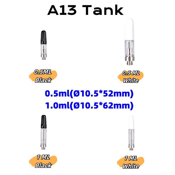 Spedizione veloce Prezzo di fabbrica all'ingrosso A13 Carrelli Vape Lampadina Cartuccia usa e getta in vetro grasso Pyrex 0,5 ml 1,0 ml Atomizzatore olio Vape Diametro 10,5 mm Cartuccia olio spessa 510 filo