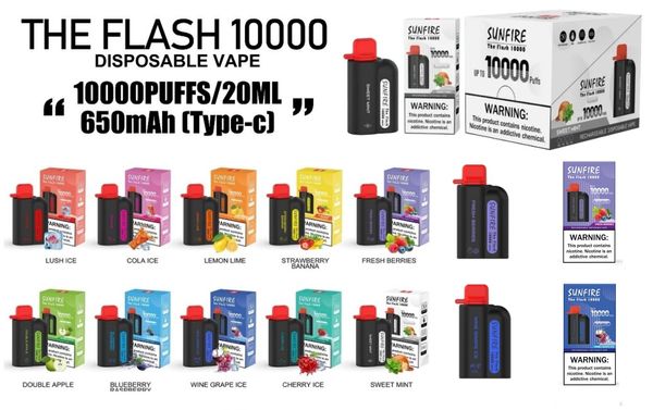 Sunfire New Puff 10000 Einweg Vape Vape DTL Vaporen max 10000 Puffs Vapes Puff 10K VAPER -Gerät E Zigarette 20 ml Schotennetz -Spulenluftstrom einstellbar 10 Gravace Vape Box Stift