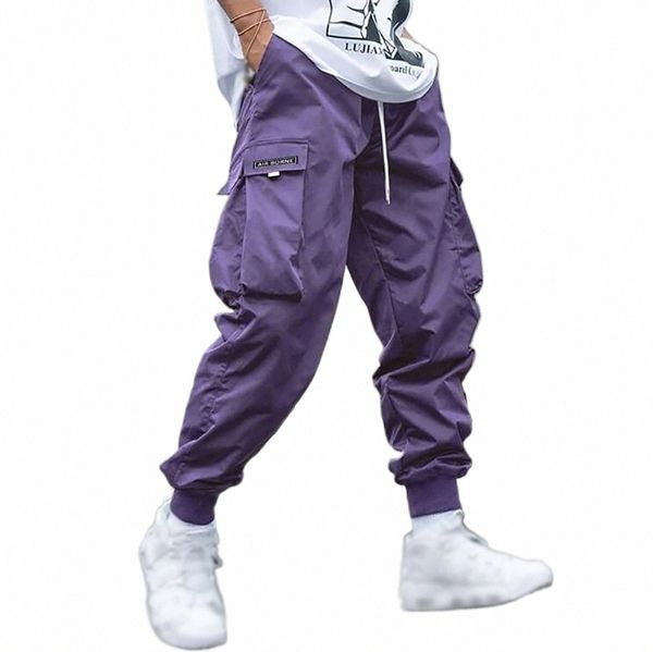 fi Uomini Cargo Pants Pantaloni da uomo Hip Hop Jogging Tasche Viola Uomo Streetwear Pantaloni sportivi Coreano Pantaloni alla caviglia 79eY #