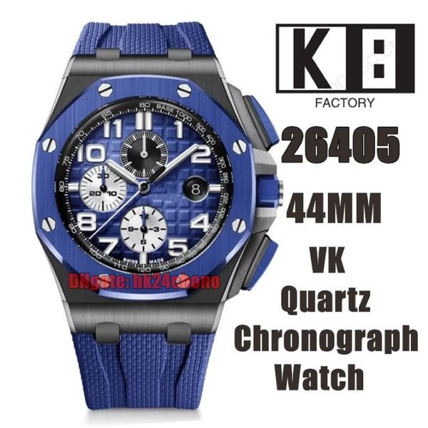 K8 Uhren 26405 44 mm VK Quarz Chronograph Herrenuhr, blaue Lünette, rauchblaues Zifferblatt, Kautschukarmband, Herrenarmbanduhren280u