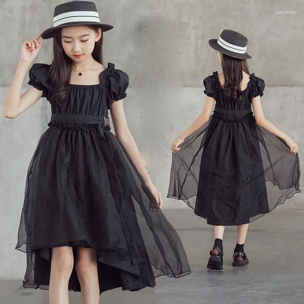 Mädchenkleider, Mädchen-Sommerkleidung, kurzärmeliges Kleid, Organza, quadratischer Ausschnitt, Blase, hohe Taille, Schwalbenschwanz-Prinzessin