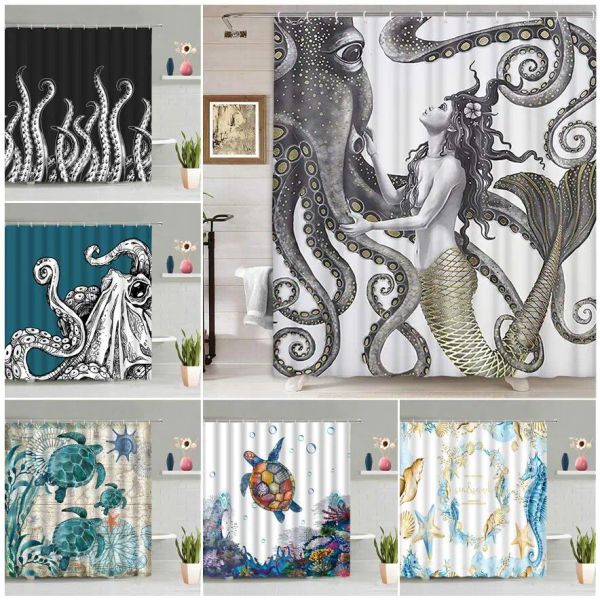 Tende Set di tende da doccia a forma di sirena, polpo, oceano astratto, fantasia nautica, animali, tentacoli, tartarughe marine, tende da bagno, set di decorazioni per il bagno