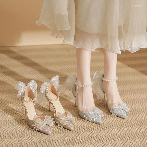 Модельные туфли, размер 31–43, высокие каблуки, 2024 г., острый нос, блестки, бант, полый, для взрослых, свадьба, невеста, золото