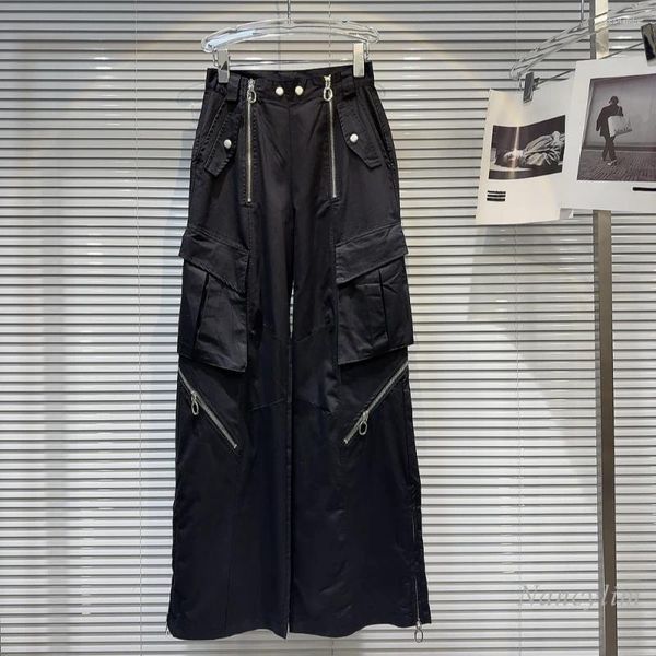 Frauen Hosen 2024 Frühling Casual Für Frauen Stil Gebratene Straße Doppel-reißverschluss Tasche Motorrad Breite Bein Overalls Hosen