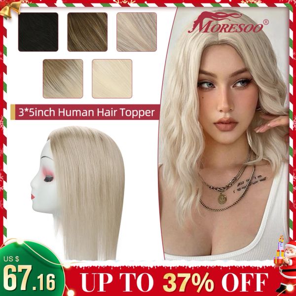 Toppers Moresoo Topper Capelli per le donne Capelli umani Macchina Remy Brasiliana Brasile Bionda dritta #60 3*5 pollici clip in toupee