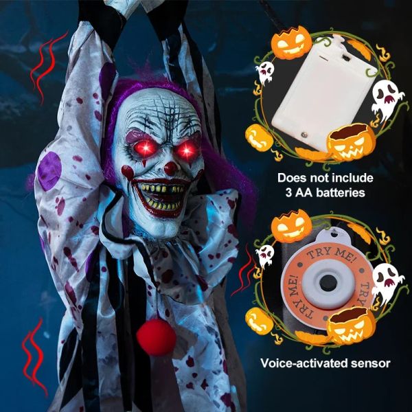 Decoração de halloween palhaço pendurado decoração rack controle voz elétrica palhaço enfermeira bruxa controle voz adereços horror elétrico novo 2023