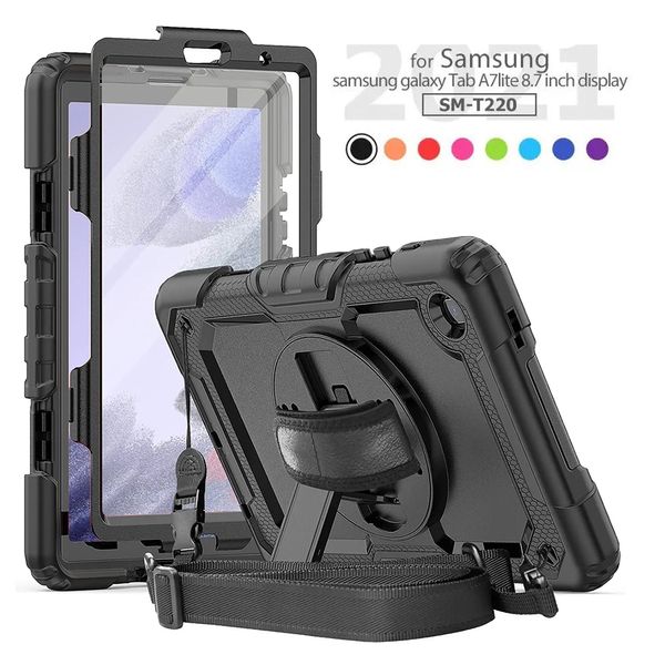 Alça de mão 360 capa com suporte giratório para Samsung Galaxy Tab A7 10,4 A7lite 8,7 polegadas A8 10,5 polegadas armadura resistente capa de silicone à prova de choque com alça de ombro filme PET