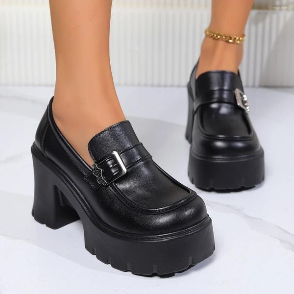 Sapatos de vestido gótico preto saltos grossos bombas mulheres pu plataforma de couro mocassins mulher moda fivela de metal alta mary janes