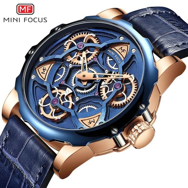 Mini Focus Mens Watches Top Brand Luxury Sport Style Design in quarzo Uomo Blu in pelle blu cinghia 30m impermeabile Relogio Masculino T2849