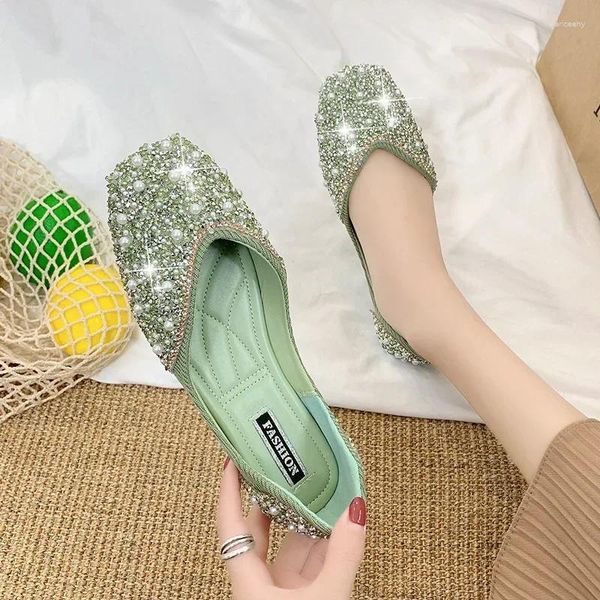 Sıradan Ayakkabı Glitter Crystal İnci Saplamalar Bale Kadınlar Kare Toe Loafers On Loafers On Sığ Kesim Balerin Flats Moccasins Kadın
