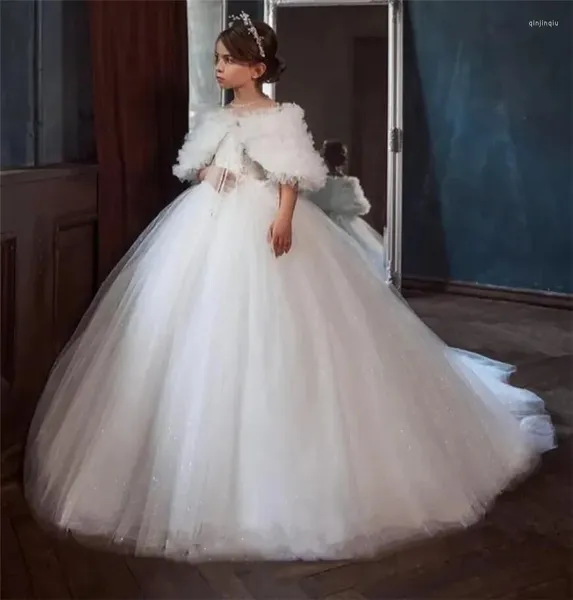 Abiti da ragazza Abito da principessa con maniche a sbuffo bianco Abito da principessa a fiori per matrimoni Abiti da prima comunione per bambini Festa per bambini