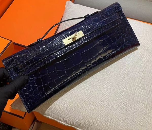 Luxus-Clutch-Taschen, Damenmode, Designer-Dinner-Handtasche, 31 cm, echtes Krokodilleder, vollständig handgefertigte Nähte, Farben Marineblau, Grün, Schwarz, schnelle Lieferung