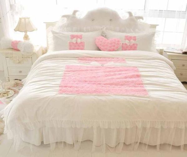 Корейские комплекты постельного белья принцессы, белые 4 шт., оборки, покрывало, кружево, цветок розы, пододеяльник, королевская двуспальная кровать, юбка, постельное белье, хлопок Home3568546