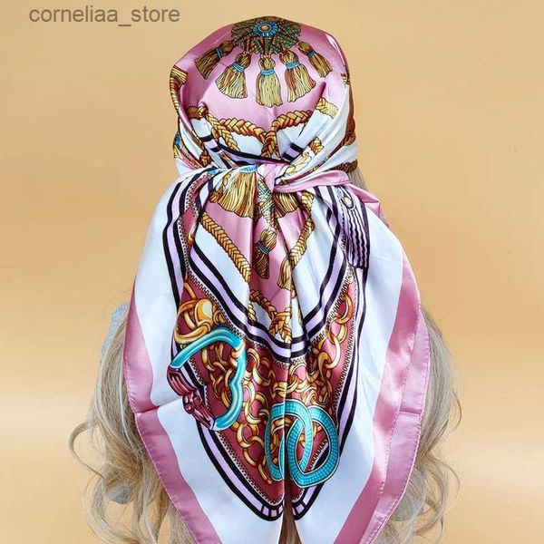 Банданы Durag Luxury 90X90CM Square Silk Hijab The Four Seasons Популярные шали Модный дизайн Солнцезащитные шарфы 2023 Новый женский пляжный платок Y240325