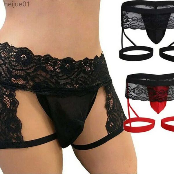 Slip Mutandine Intimo uomo sexy lingerie di pizzo femminile perizoma borsa rinforzata cintura per atleta maschile solido vita bassa Tanga Hombre String Homme lingerie C24325