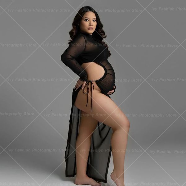 Vestido de maternidade para po shoot gravidez sexy transparente longo tule oco rendas divididas pogal tiro acessório 240309