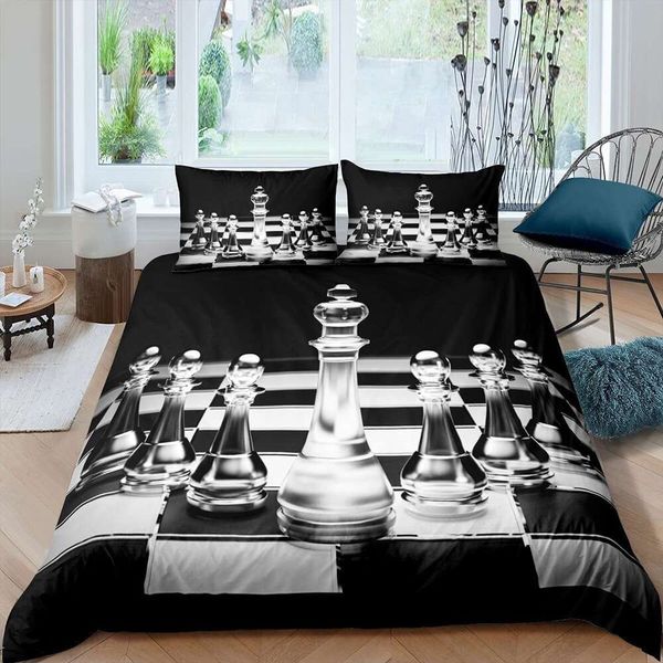 Piumino a scacchiera Set di biancheria da letto per giochi divertenti 3D Piumino con stampa a quadri bianchi neri Copripiumino in poliestere king size queen