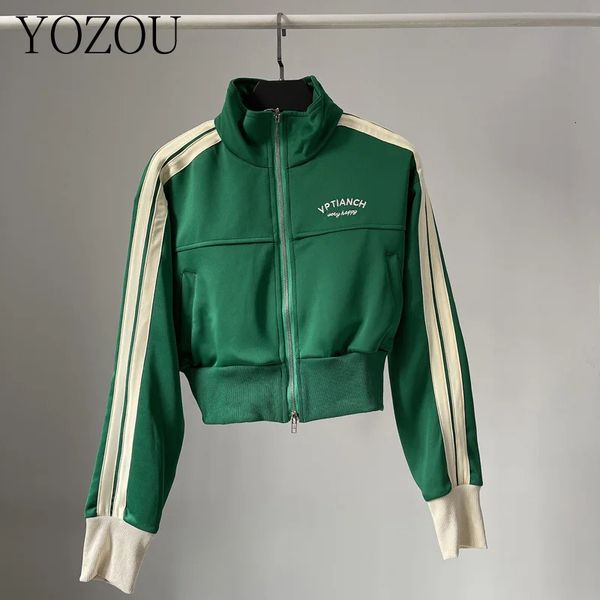 Yozou primavera duplo zíper beisebol recortado jaqueta feminina outerwear bordado listrado verde preto branco azul zip up casaco 240319