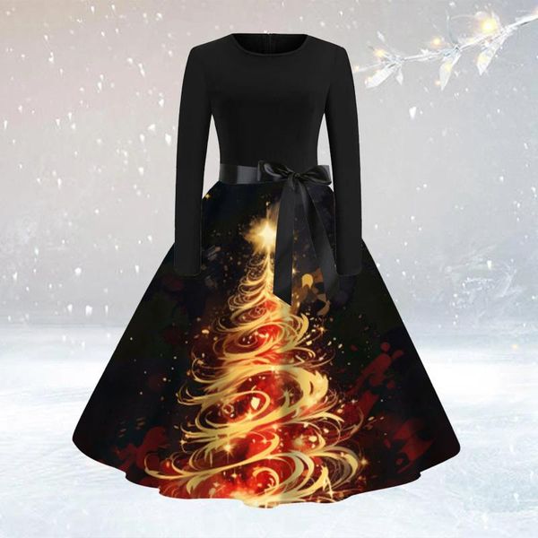 Lässige Kleider Vintage Weihnachten Themen Kleid Elegante Blumen Party 50er 60er Jahre Hausfrau Langarm Rundhals Swing Vestidos