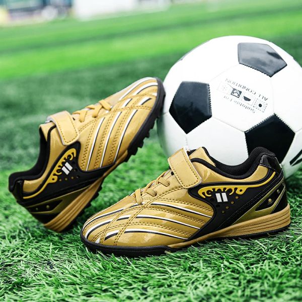 Sapatos Hot Sale Gold Kids Sapatos profissionais de futebol infantil Sapatos artificiais de turfão esportivo para meninos Treinando tênis de futebol de meninas