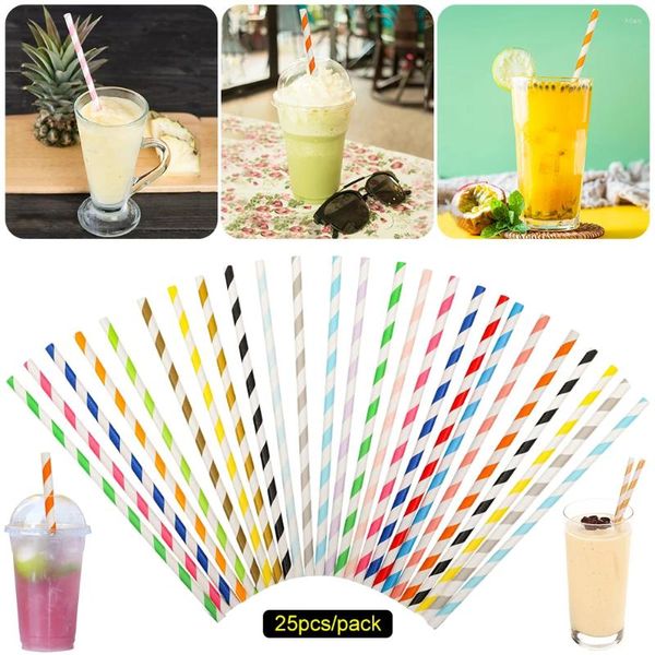 Copas descartáveis canudos 25pcs colorido listrado palha listrada biodegradável bebida decorativa bebida ecologicamente correta para festa de aniversário suprimentos