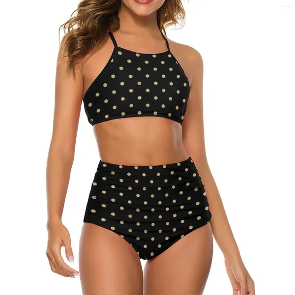 Biquíni feminino com bolinhas douradas, roupa de banho vintage com estampa de cintura alta, sexy, tendência, conjunto push up, roupa de praia