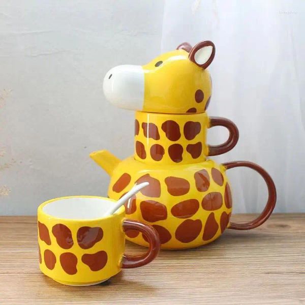 Tazze Ceramica creativa Animali 3D Set da caffè Cucchiai con coperchi Tazze Giraffa Cartoon Coppie Tazza da tè