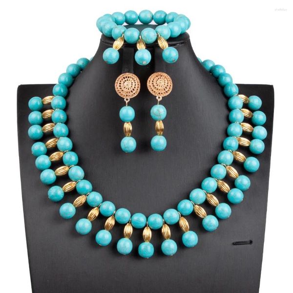 Halskette Ohrringe Set Blue Stone Perlen afrikanische Schmuck klobige Lätzchen Statement Party für Frauen TN051